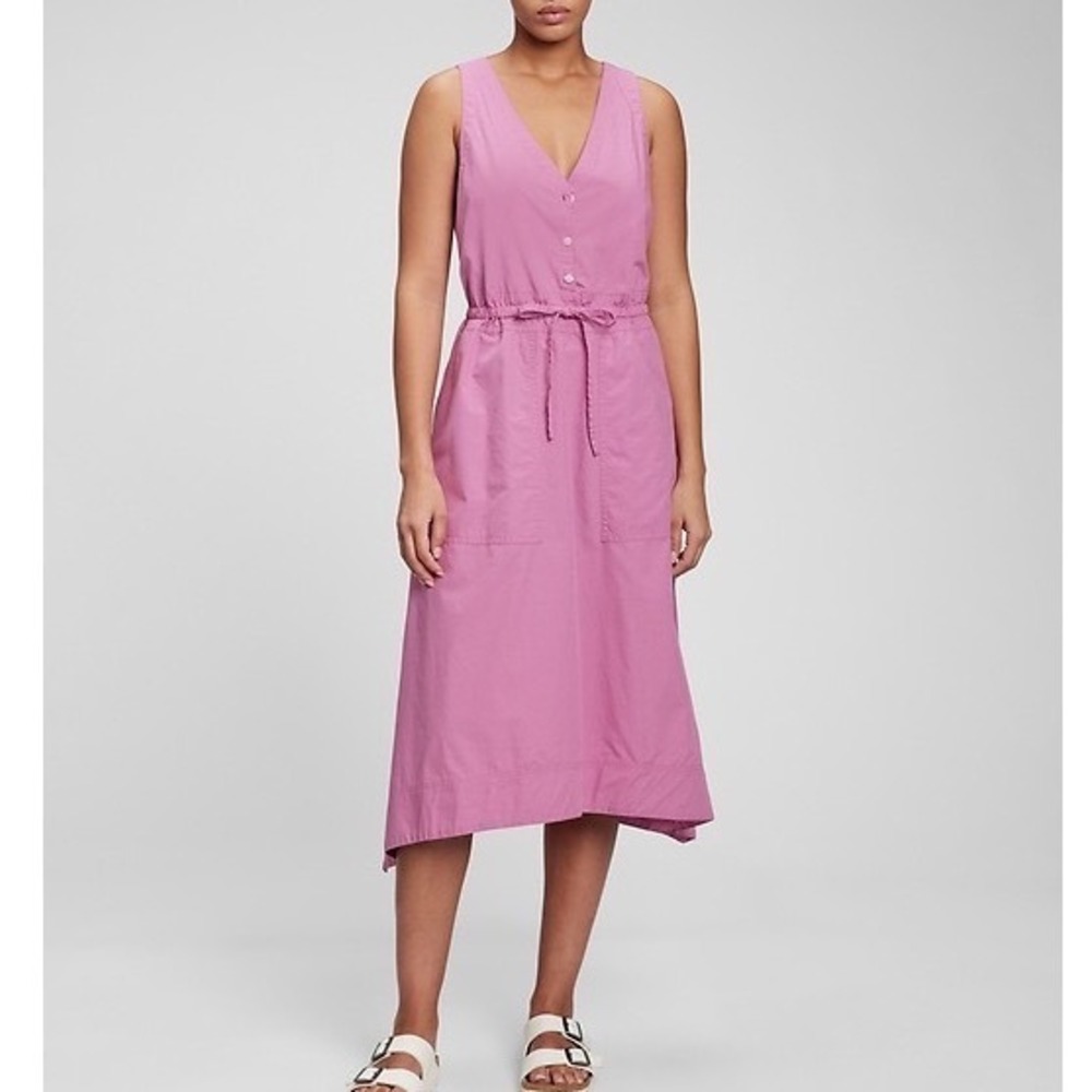 Gap Pink Cotton Poplin V-Neck Midi Dress Drawstring Waist Pockets Petite P g5